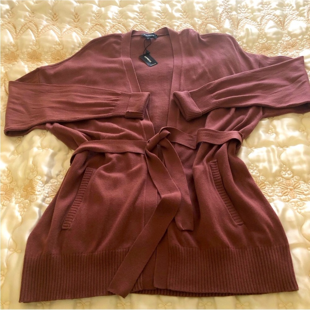 Express Belted wrap Cardigan Basic Lightweight  Open Front Sweater with Pockets - Picture 2 of 8